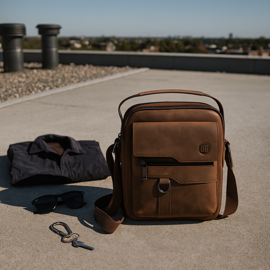 Braune UrbanGent Metro Rover Bag aus Echtleder auf Betonfläche mit Hemd, Sonnenbrille und Schlüsseln – minimalistisches Flatlay im urbanen Stil