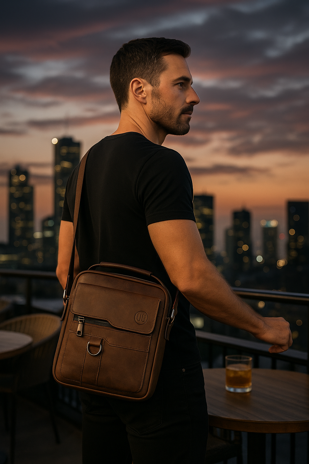 Mann mit brauner Metro Rover Bag aus Echtleder auf einer Dachterrasse bei Sonnenuntergang, stilvoller UrbanGent Look mit Skyline im Hintergrund