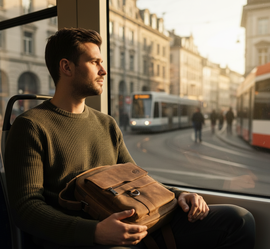 Mann mit brauner UrbanGent Metro Rover Bag aus Echtleder sitzt in der Straßenbahn und blickt nach draußen, urbaner Alltagsmoment in Zürich bei Abendlicht