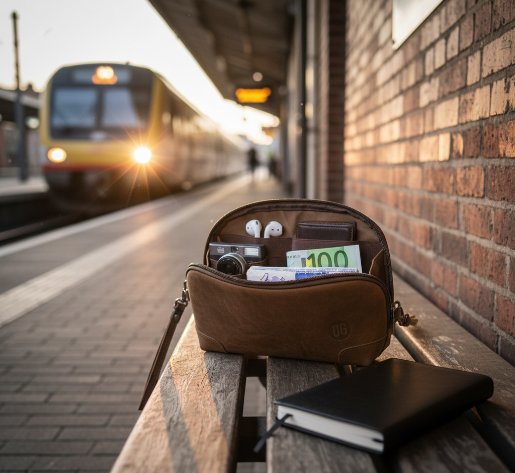 Offene braune UrbanGent Nomad Pouch aus Echtleder auf Bank am Bahnhof mit Kamera, Geld und AirPods, stilvolles Reise-Setup bei Abendlicht