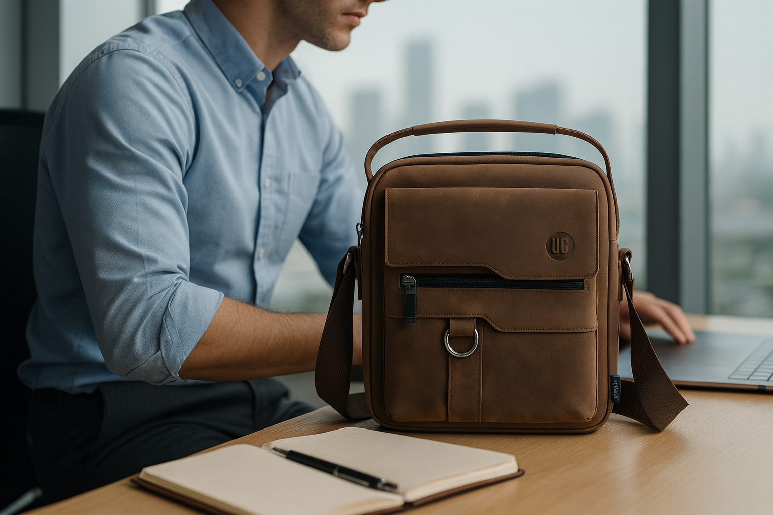 Braune UrbanGent Metro Rover Bag aus Echtleder auf Schreibtisch neben Laptop und Notizbuch, moderner Business-Look im Büro mit urbaner Eleganz