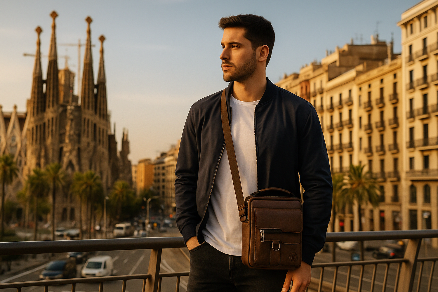 Mann mit brauner UrbanGent Metro Rover Bag steht auf Brücke mit Blick auf die Stadtarchitektur bei Sonnenuntergang, stilvoller urbaner Look mit Reisecharakter