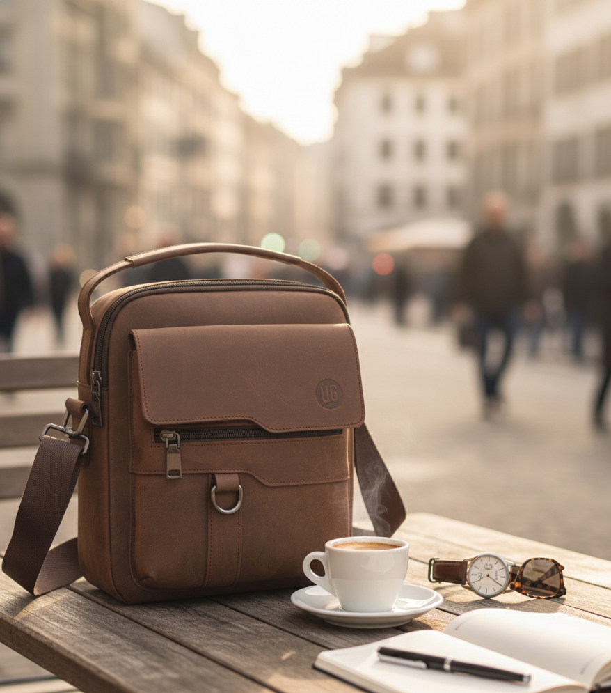 Braune UrbanGent Metro Rover Bag aus Echtleder auf Café-Tisch mit Kaffee, Uhr und Notizbuch, urbaner Lifestyle-Moment in der Morgensonne