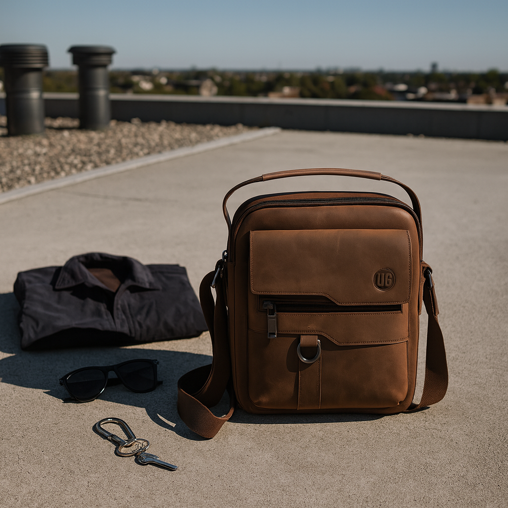 Braune UrbanGent Metro Rover Bag aus Echtleder auf Betonfläche mit Hemd, Sonnenbrille und Schlüsseln – minimalistisches Flatlay im urbanen Stil