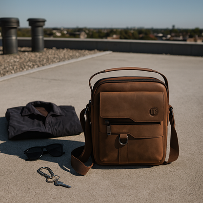 Braune UrbanGent Metro Rover Bag aus Echtleder auf Betonfläche mit Hemd, Sonnenbrille und Schlüsseln – minimalistisches Flatlay im urbanen Stil