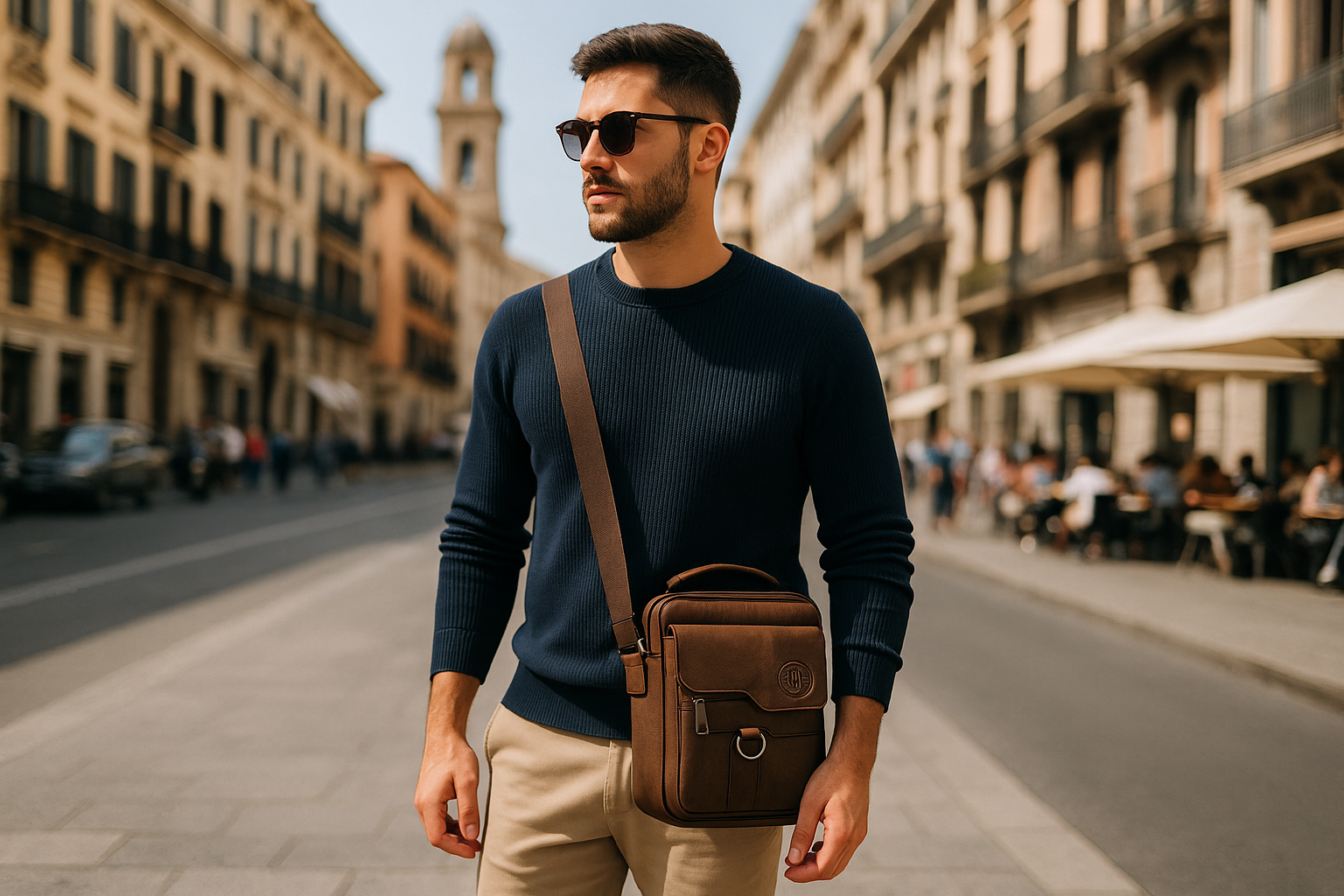 Mann mit brauner UrbanGent Metro Rover Bag aus Echtleder spaziert durch die Stadt bei Tageslicht, stilvoller urbaner Look mit navyblauem Pullover und Sonnenbrille