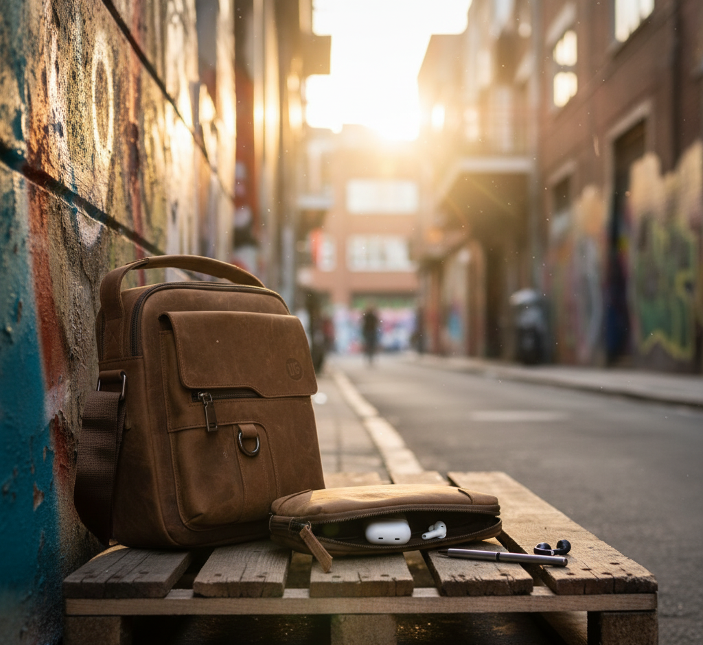 UrbanGent Metro Rover Bag und Nomad Pouch aus braunem Echtleder auf Holzbank in einer von Graffiti gesäumten Gasse bei Sonnenuntergang, urbaner Lifestyle-Look