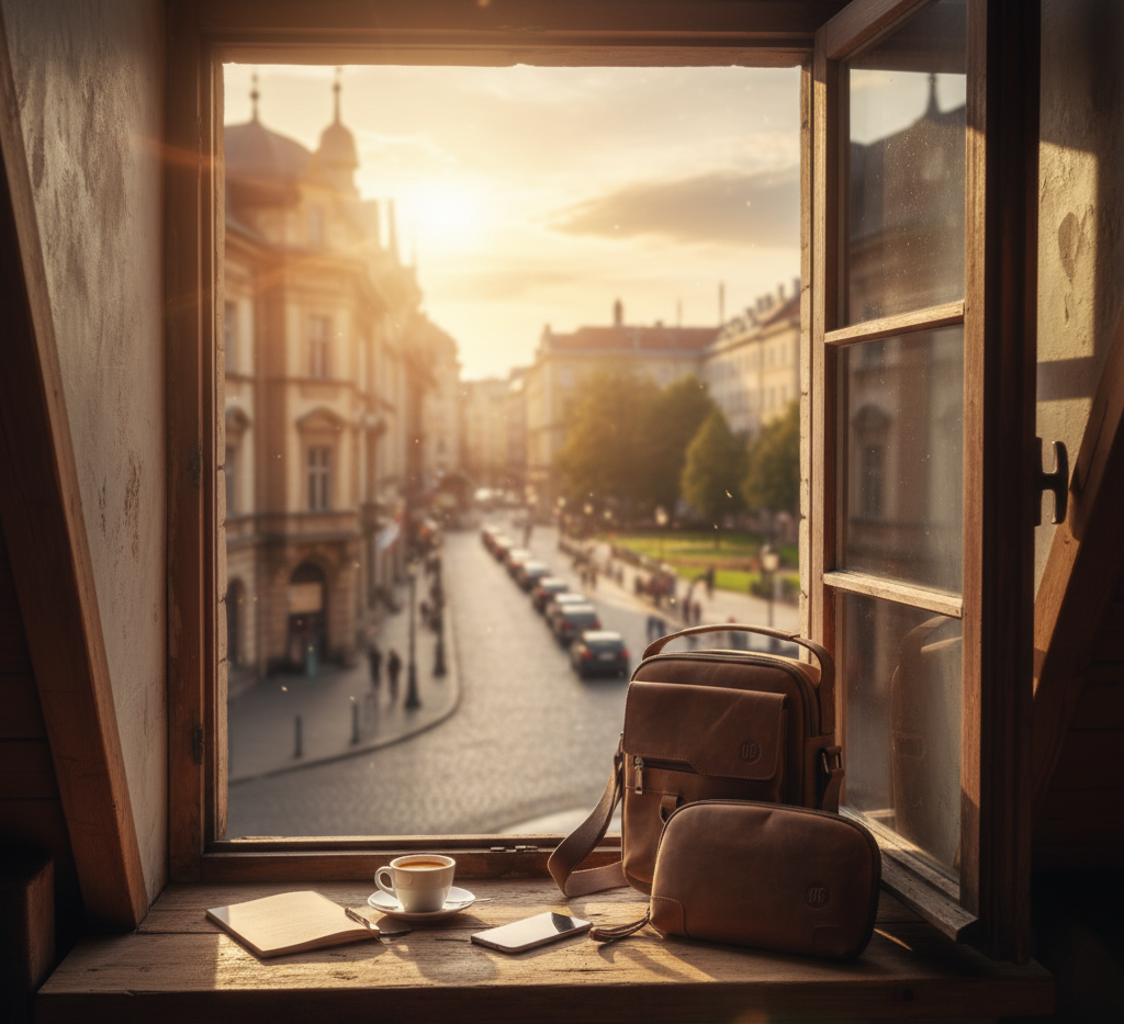 Braune UrbanGent Metro Rover Bag und Nomad Pouch aus Echtleder auf Fensterbank mit Kaffee, Notizbuch und Smartphone, Blick auf Stadtstraße im warmen Abendlicht – urbaner Lifestyle mit Stil