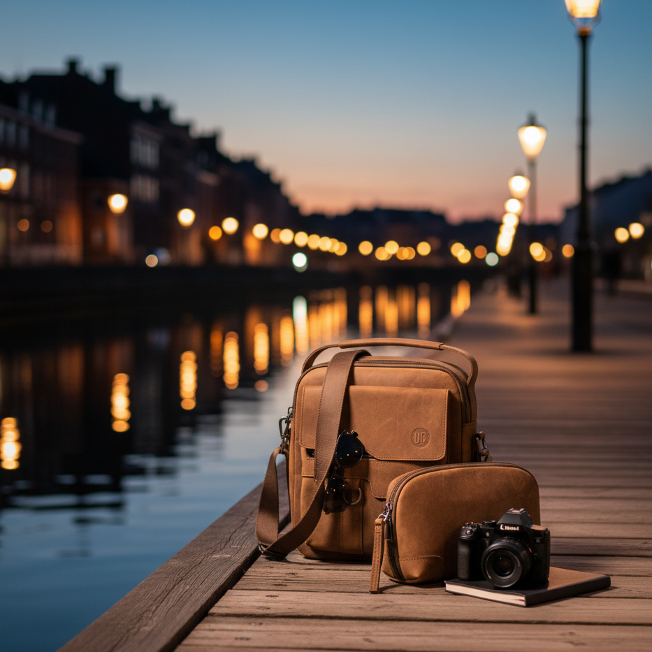 Braune UrbanGent Metro Rover Bag und Nomad Pouch aus Echtleder auf Holzsteg am Wasser bei Sonnenuntergang, daneben Kamera und Notizbuch – eleganter Travel-Look mit urbaner Atmosphäre