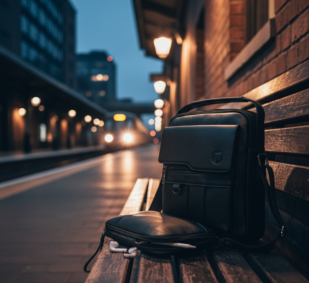 Schwarze UrbanGent Metro Rover Bag und Nomad Pouch aus Echtleder auf Bank am Bahnhof bei Abendlicht, urbane Szene mit Zug im Hintergrund – eleganter Reise-Look