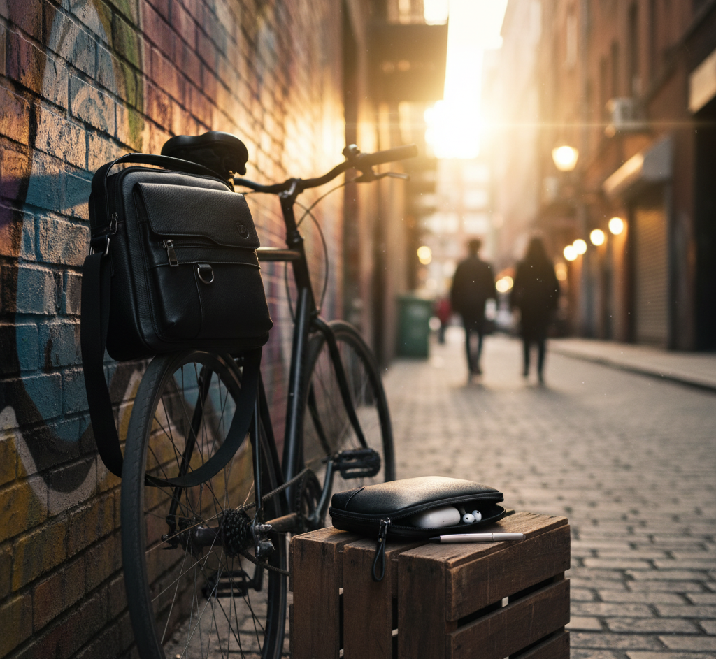 Schwarze UrbanGent Metro Rover Bag hängt an Fahrradlenker, daneben Nomad Pouch auf Holzkiste in städtischer Gasse bei Sonnenuntergang – urbaner Lifestyle mit Stil