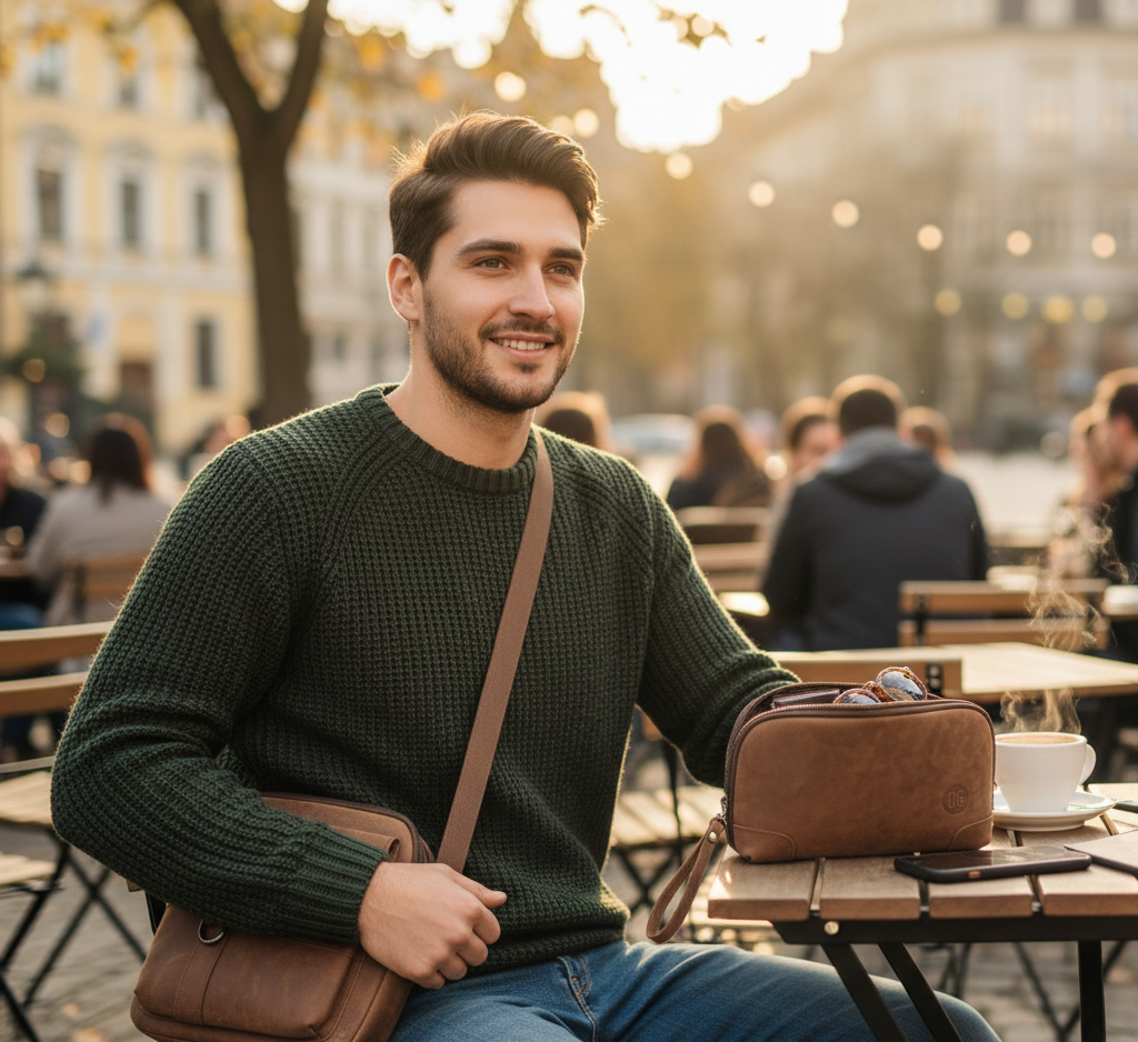 Mann mit UrbanGent Metro Rover Bag und Nomad Pouch in Cognac Suede sitzt entspannt im Strassencafé, warmer Herbsttag mit urbanem Lifestyle-Flair