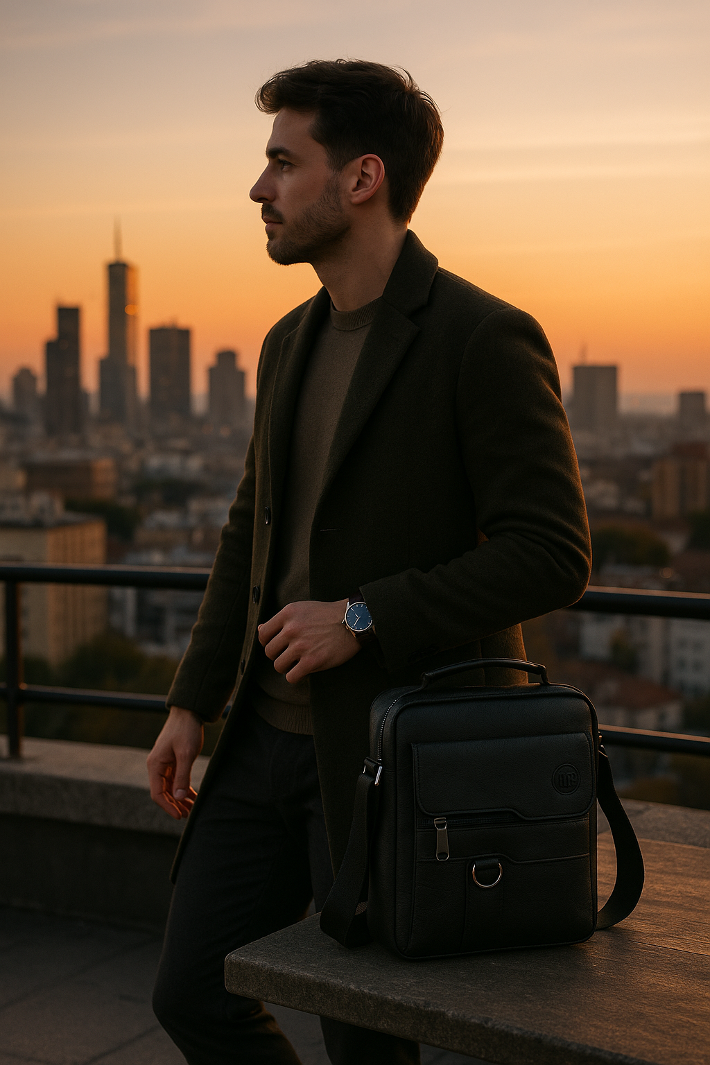 Mann mit schwarzer UrbanGent Metro Rover Bag aus Echtleder steht auf Dachterrasse mit Skyline im Hintergrund bei goldenem Sonnenuntergang, eleganter urbaner Look