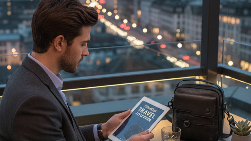 Mann mit Tablet und schwarzer UrbanGent Metro Rover Bag sitzt auf Dachterrasse mit Blick über die Stadtlichter, moderner Travel-Style mit urbaner Eleganz
