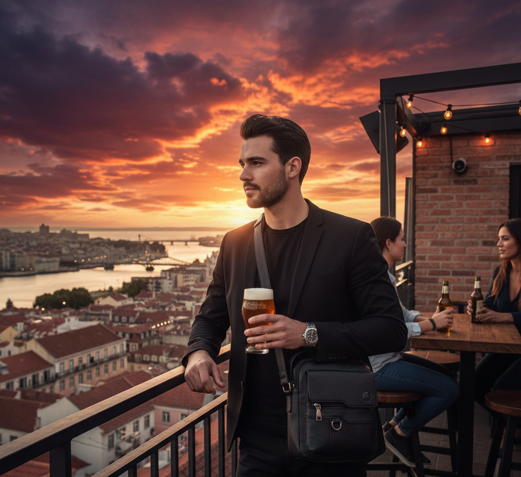 Mann mit schwarzer UrbanGent Metro Rover Bag aus Echtleder auf Rooftop-Bar bei Sonnenuntergang mit Drink in der Hand, stilvoller urbaner Look mit Panorama über die Stadt