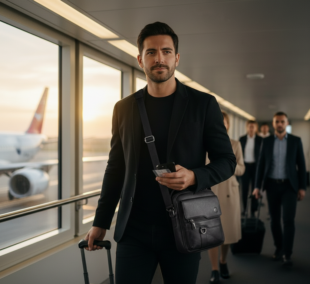 Mann mit schwarzer UrbanGent Metro Rover Bag und Handgepäck im Flughafengang bei Sonnenaufgang, moderner Business-Travel Look