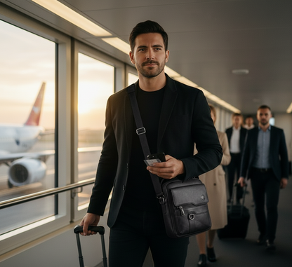Mann mit schwarzer UrbanGent Metro Rover Bag und Handgepäck im Flughafengang bei Sonnenaufgang, moderner Business-Travel Look