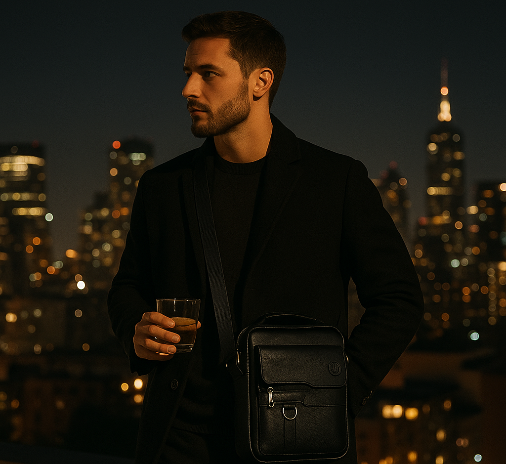 Eleganter Mann mit schwarzer Metro Rover Bag aus Leder auf einer Dachterrasse mit Stadtlichtern im Hintergrund, urbaner Nachtlook von UrbanGent