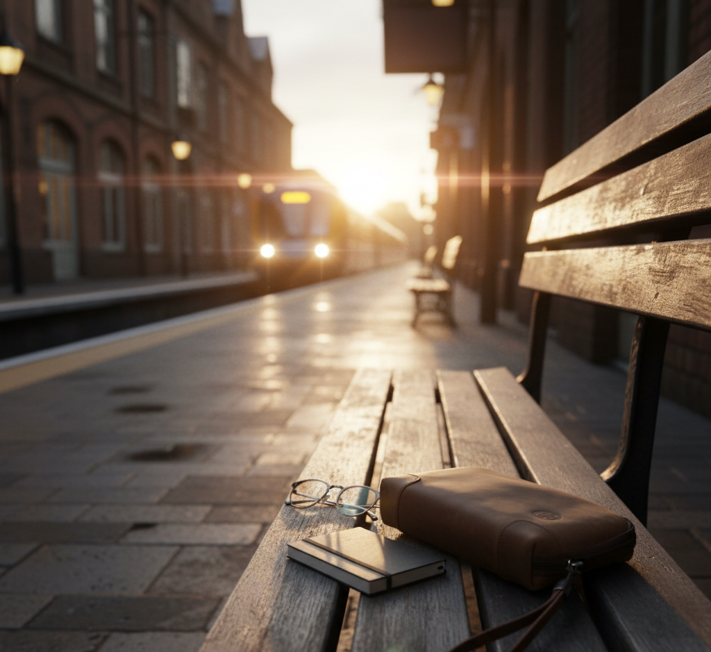 Braune UrbanGent Nomad Pouch aus Echtleder auf Bank am Bahnhof mit Brille und Notizbuch, Zug im Hintergrund bei Sonnenaufgang – stilvolle Reise- und Alltagsästhetik