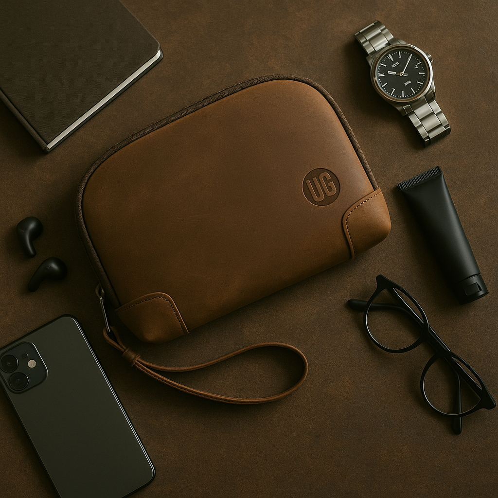 Braune UrbanGent Nomad Pouch aus Echtleder auf braunem Untergrund mit Uhr, Smartphone, Brille und Pflegeprodukt – elegantes Flatlay moderner Männer-Accessoires