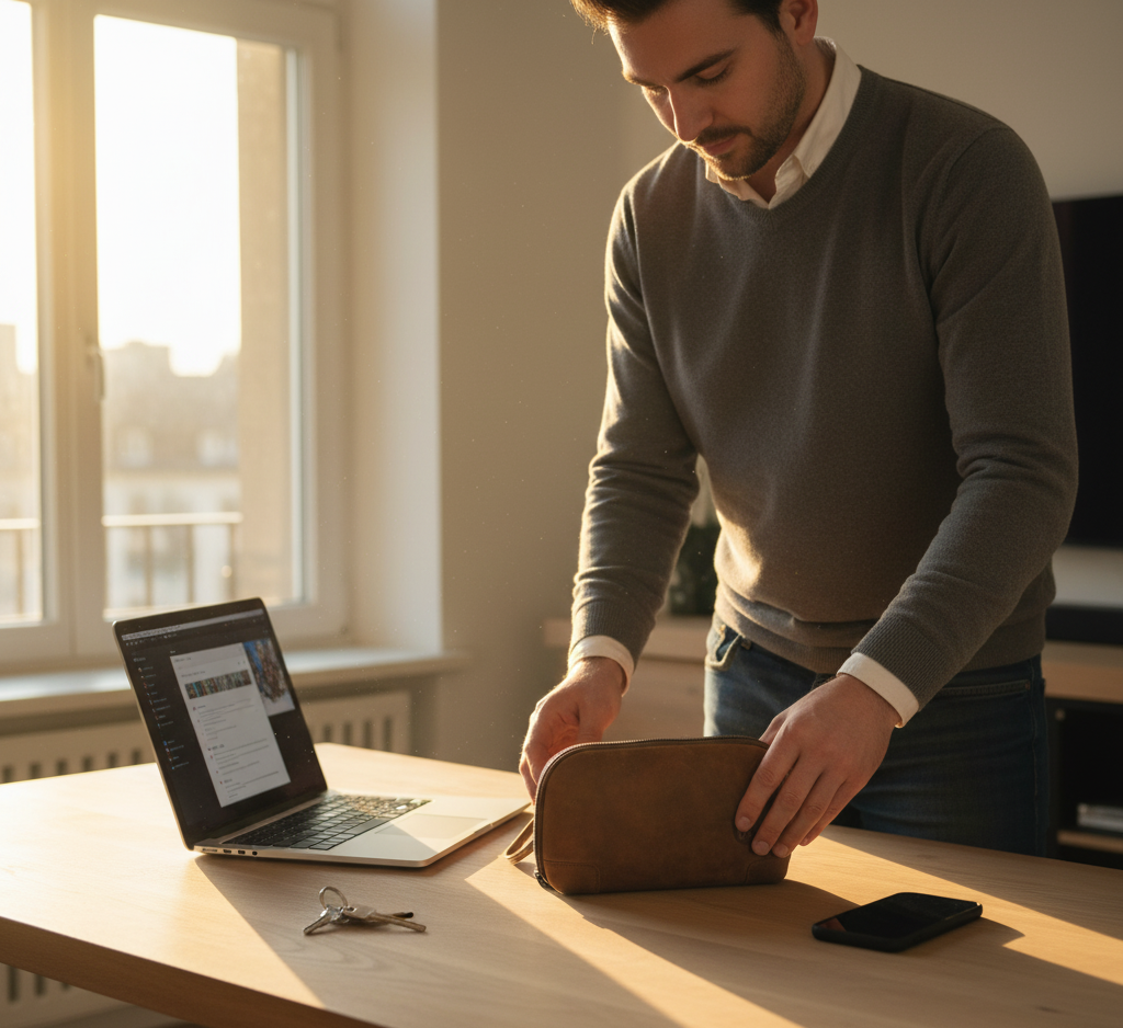 Mann legt braune UrbanGent Nomad Pouch aus Echtleder auf Schreibtisch neben Laptop, Smartphone und Schlüssel, warme Lichtstimmung im Homeoffice – moderner, stilvoller Workday-Look