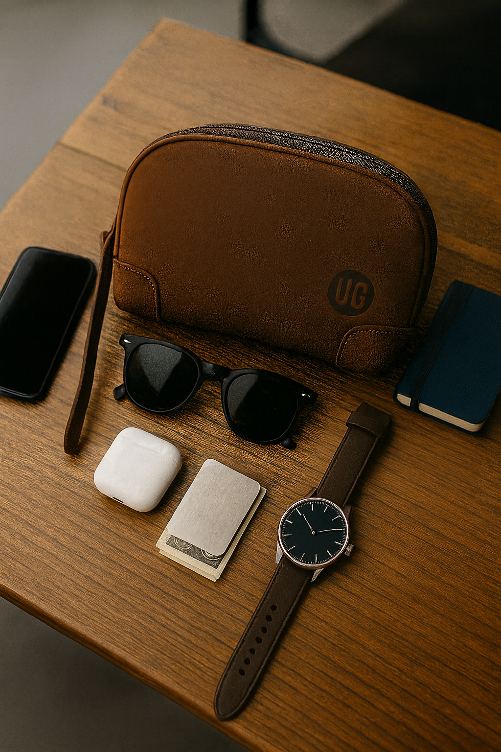 Braune UrbanGent Nomad Pouch aus Echtleder auf Holztisch mit Sonnenbrille, Uhr, Smartphone und AirPods – stilvolles Flatlay moderner Männer-Essentials