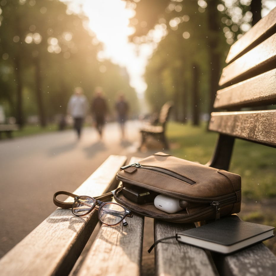 Braune UrbanGent Nomad Pouch aus Echtleder auf Parkbank mit Brille, Notizbuch und AirPods, stimmungsvolle Szene im Abendlicht
