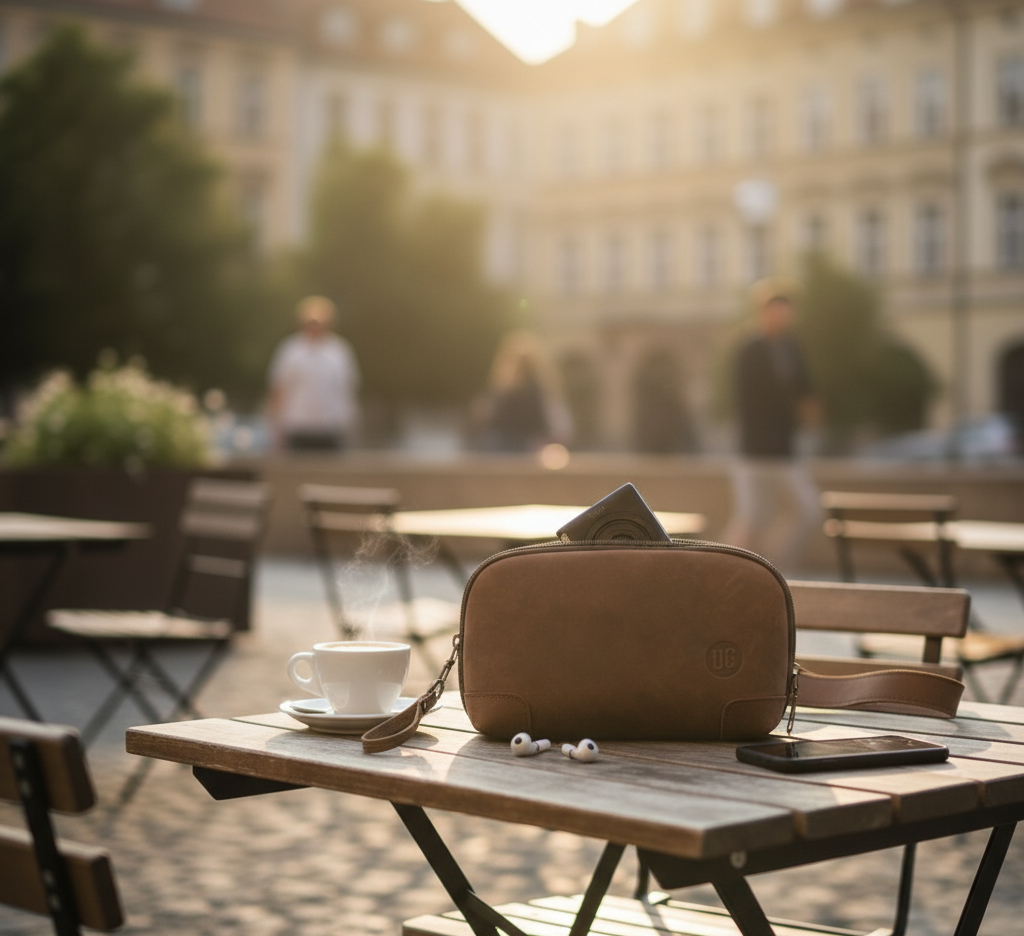 Braune UrbanGent Nomad Pouch aus Echtleder auf Café-Tisch mit Kaffee, Smartphone und AirPods, warmer Morgenmoment in der Stadt – eleganter urbaner Lifestyle