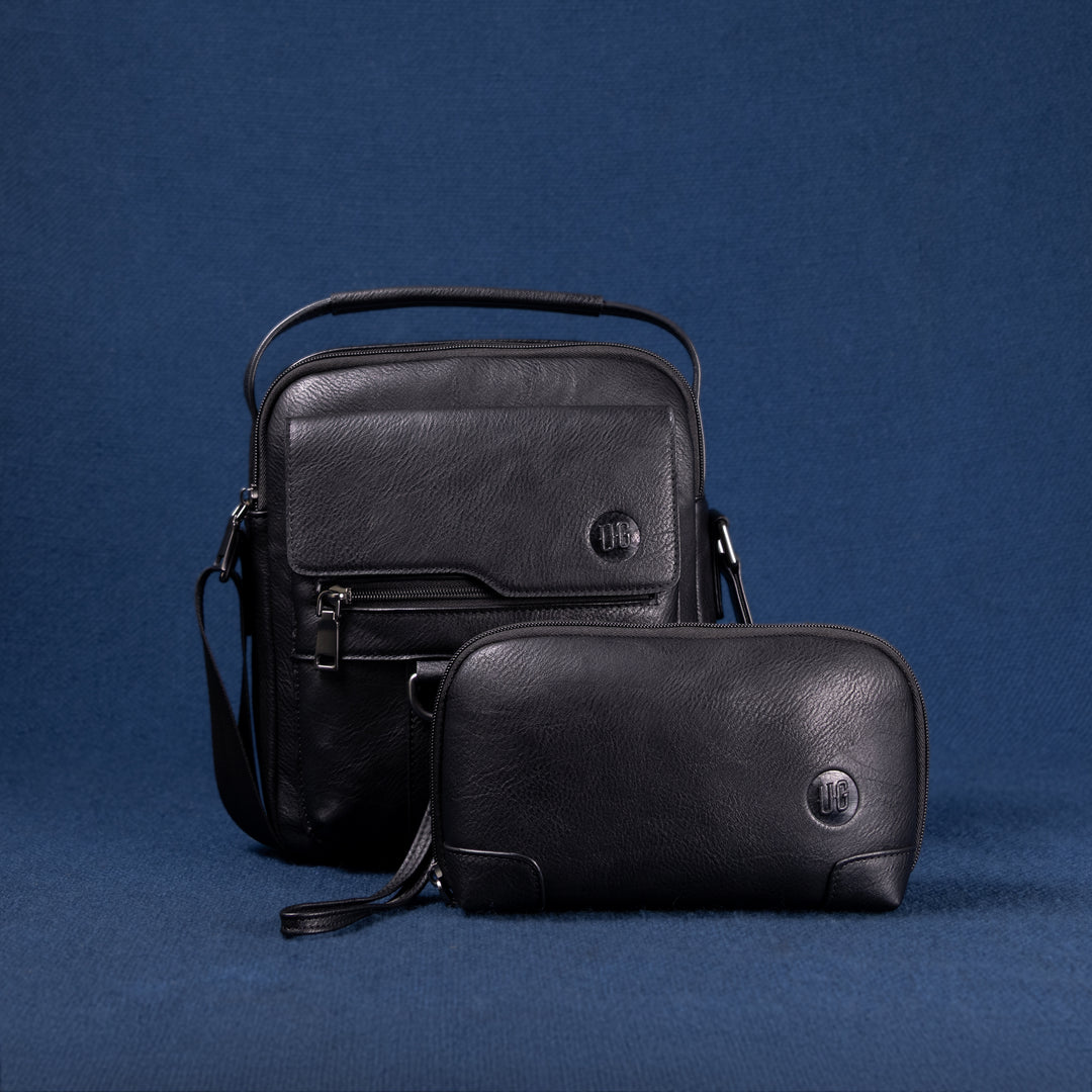 UrbanGent Duo Set – Metro Rover Bag und Nomad Pouch in schwarzem Leder