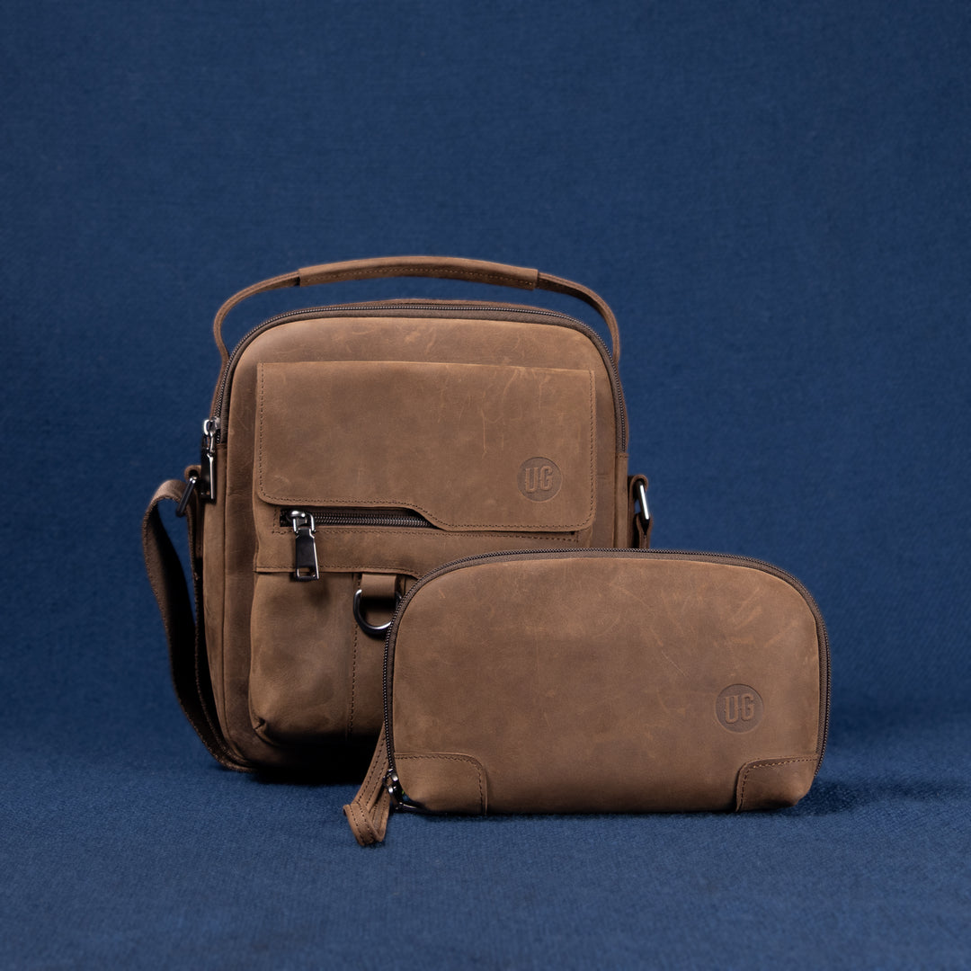 UrbanGent Duo Set – Metro Rover Bag und Nomad Pouch in Cognac Suede