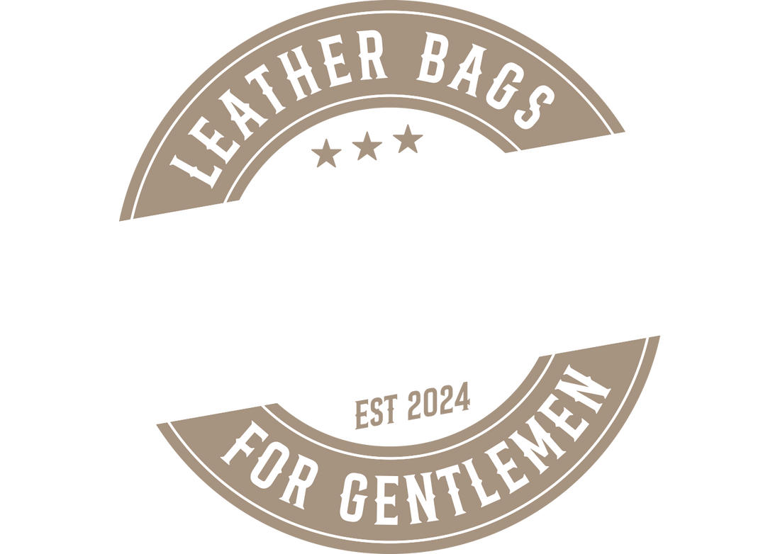 UrbanGent Siegel mit Schriftzug „Leather Bags for Gentlemen – Est. 2024“ in Weiß und Beige, klassisches Emblem für hochwertige Herren-Ledertaschen