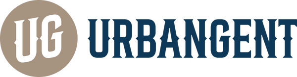 UrbanGent Logo mit UG-Emblem in Beige und Schriftzug in Dunkelblau, modernes Branding für Premium-Ledertaschen und Accessoires