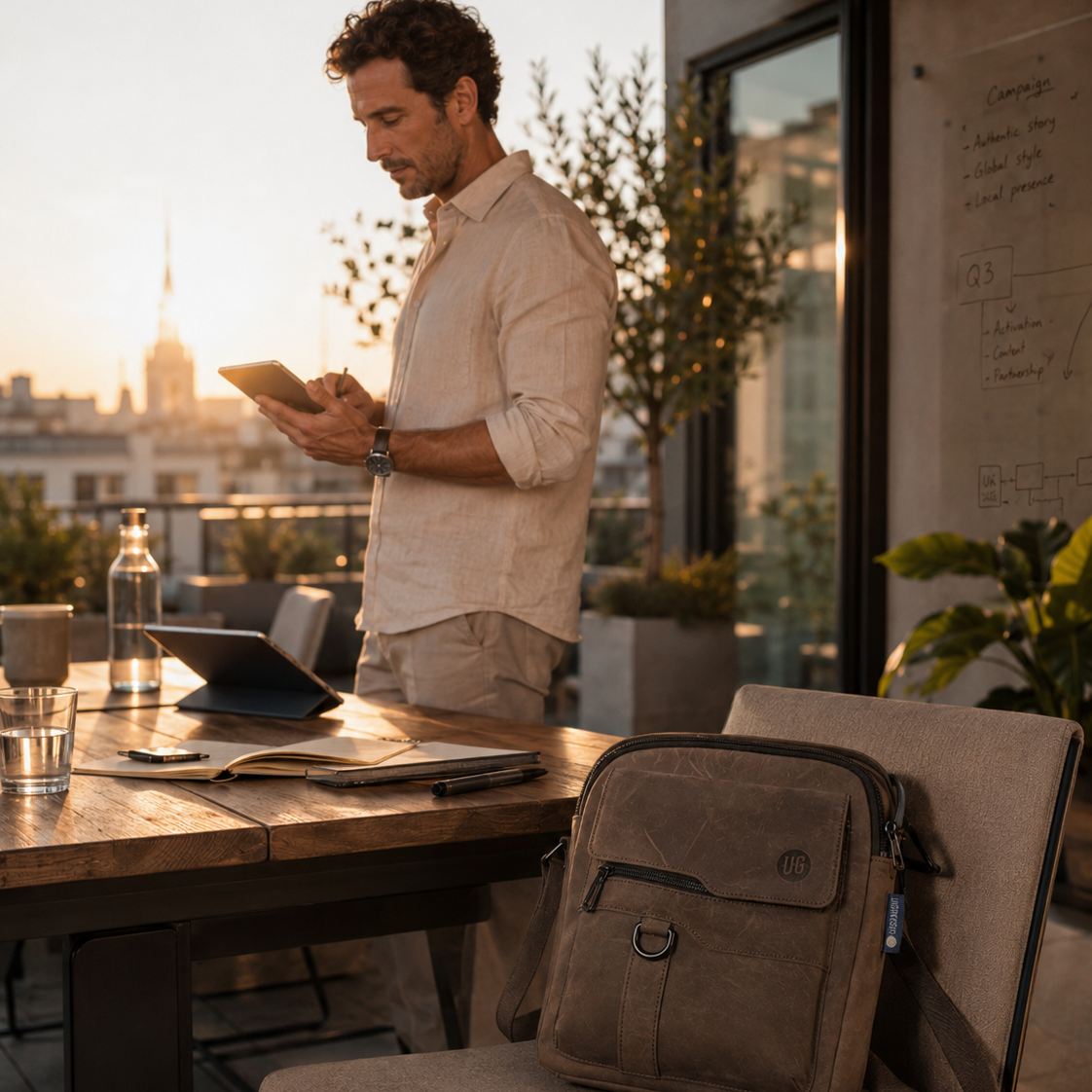 Mann mit UrbanGent Metro Rover Bag in Cognac Suede auf einer Dachterrasse bei Sonnenuntergang, Tasche auf dem Stuhl