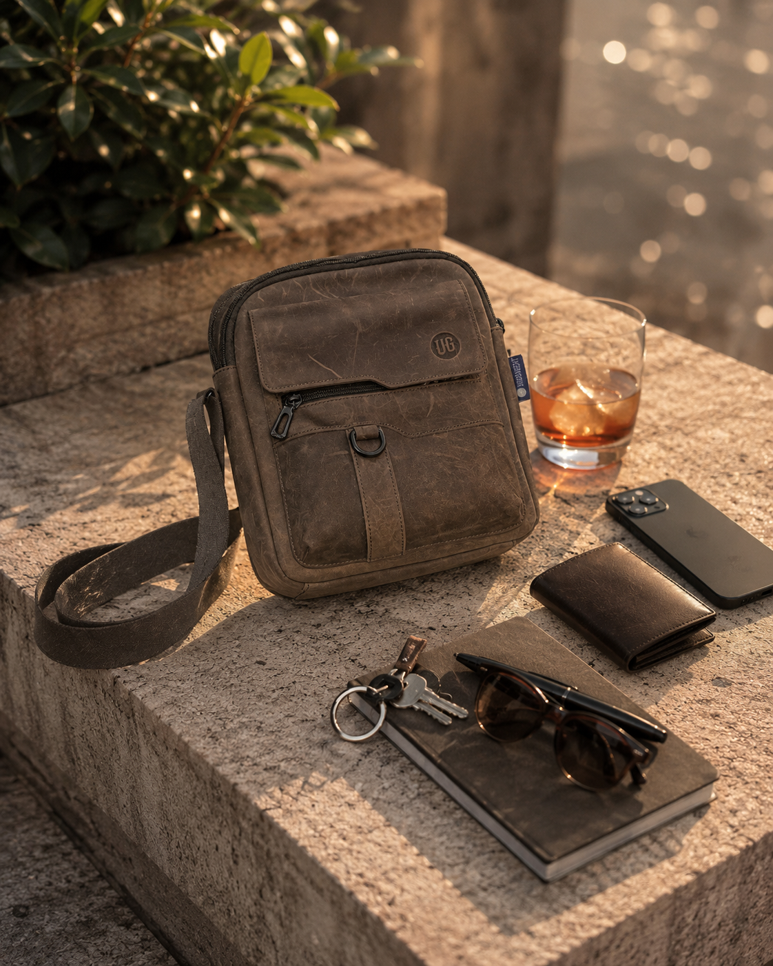UrbanGent Metro Rover Bag in Cognac Suede mit EDC-Essentials wie Brieftasche und Brille, Flatlay von oben