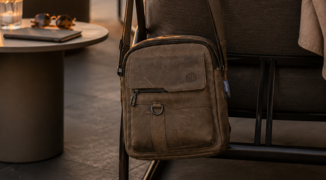 UrbanGent Metro Rover Bag in Cognac Suede auf einer Dachterrassen-Lounge bei Golden Hour