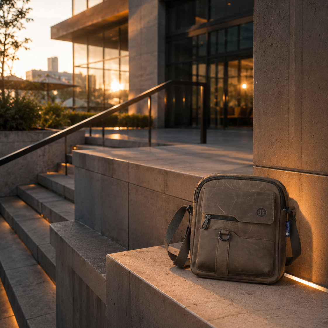 UrbanGent Metro Rover Bag in Cognac Suede auf einer Treppe vor moderner Glasfassade bei Golden Hour