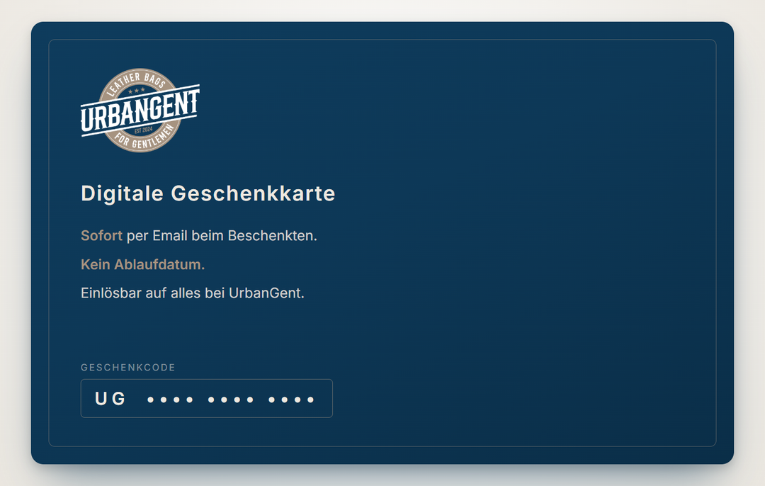UrbanGent Geschenkkarte Info Rueckseite, digital per Email, kein Ablaufdatum